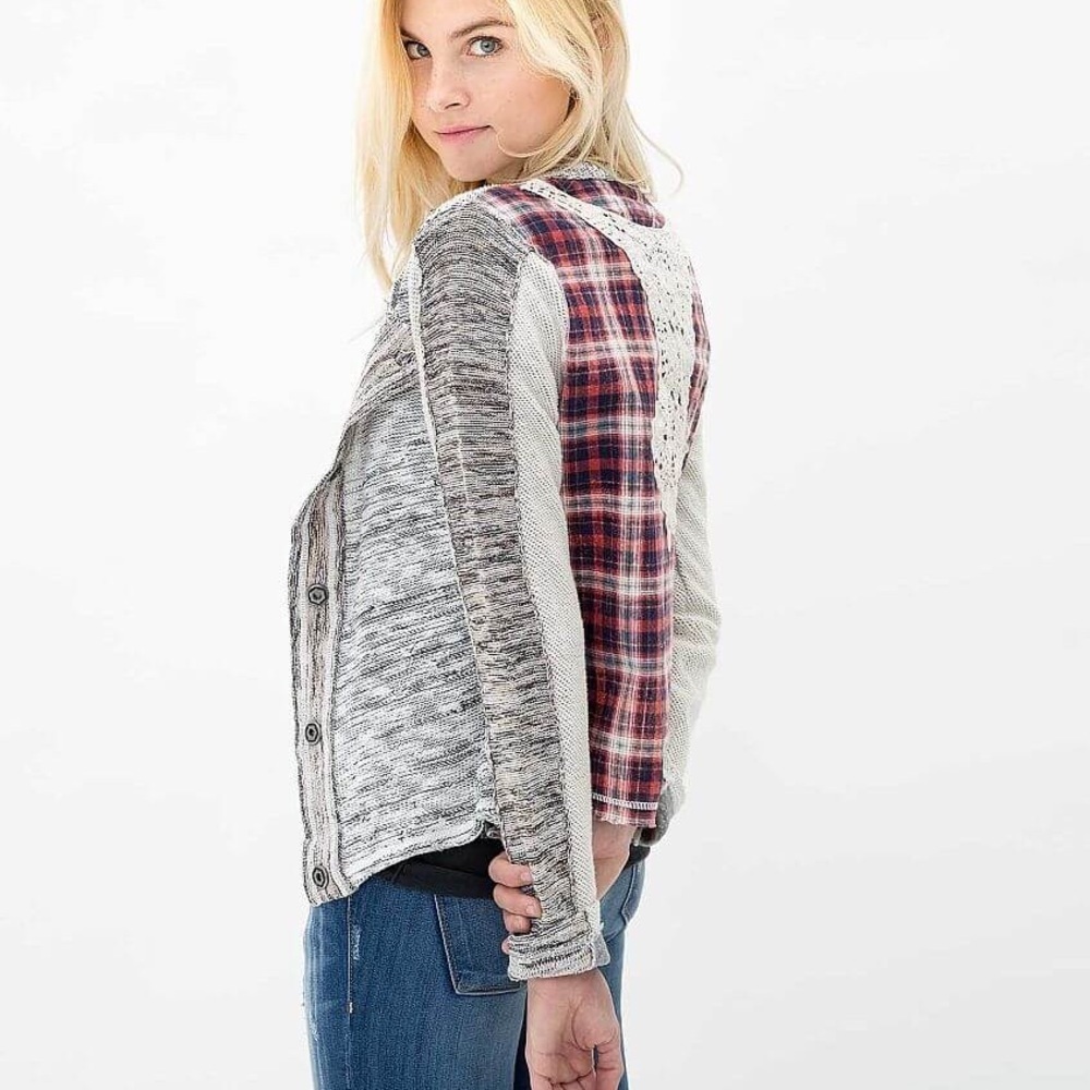 Buckley Snap Gray Cardigan Sweater Jacket Plaid & Lace appliqué backing.